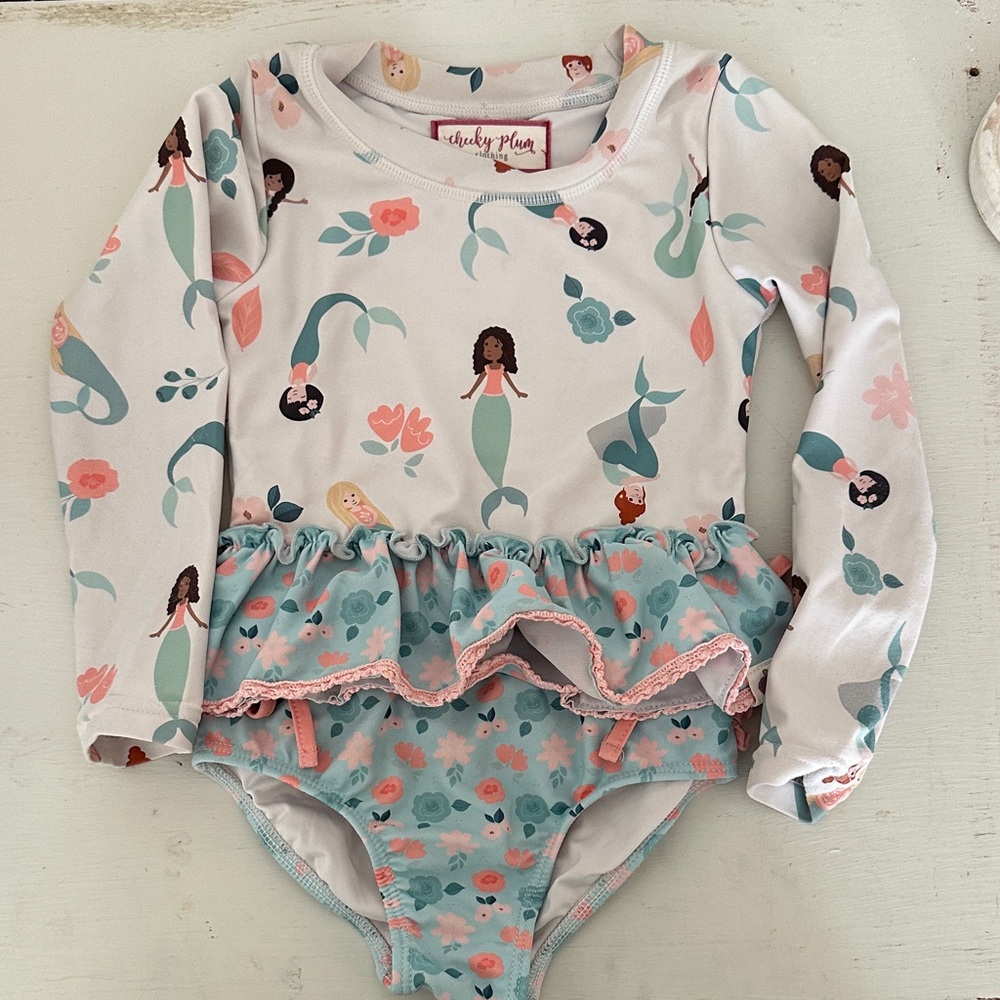 Cheeky Plum Mermaid Long Sleeve Swimsuit - White and Teal